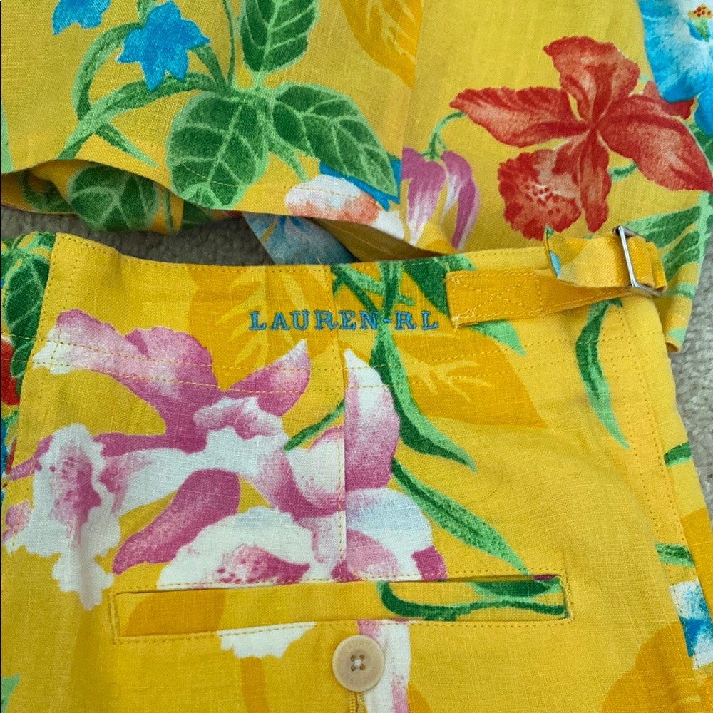 Vintage Ralph Lauren linen floral Yellow high-waisted shorts and top, S - Picture 5 of 15